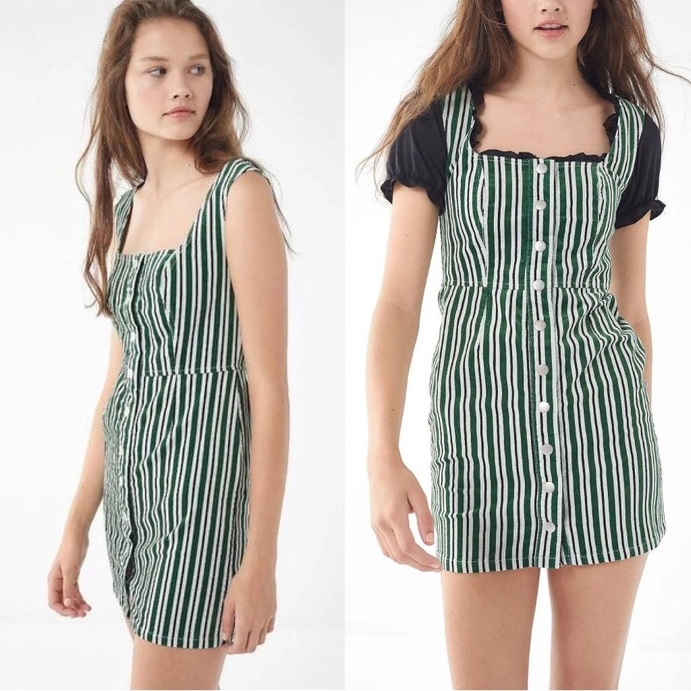 Urban Outfitters Corduroy Snap Front Striped Sleeveless Mini Jumper Dres…